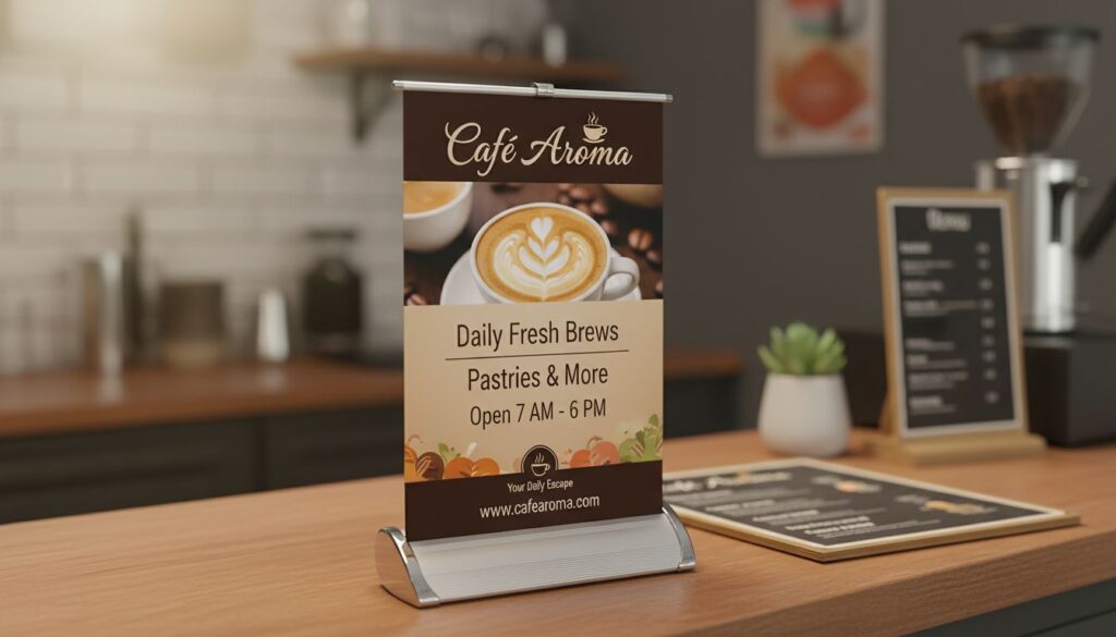 Small A4 & A3 sized table top pull up standee as shown in this image are ideal for erecting on your counter top