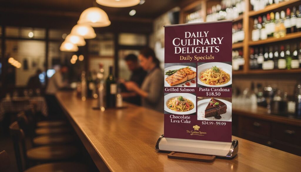 Small A4 & A3 sized table top pull up standee as shown in this image are ideal for erecting on your counter top