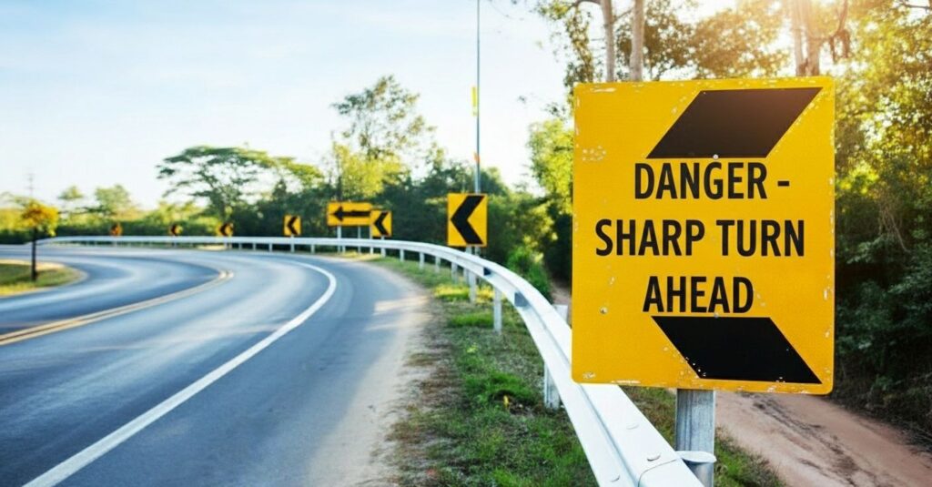 A danger sharp turn ahead Safety sign installed on metal sheet on the sides of a highway