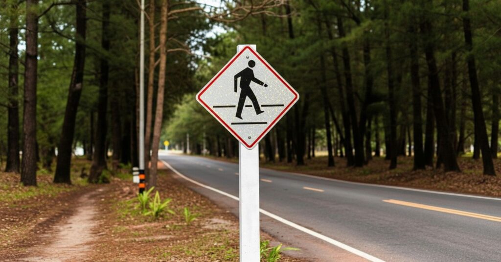 A pedestrian crossing sign installed on the side of a road going through a forested area