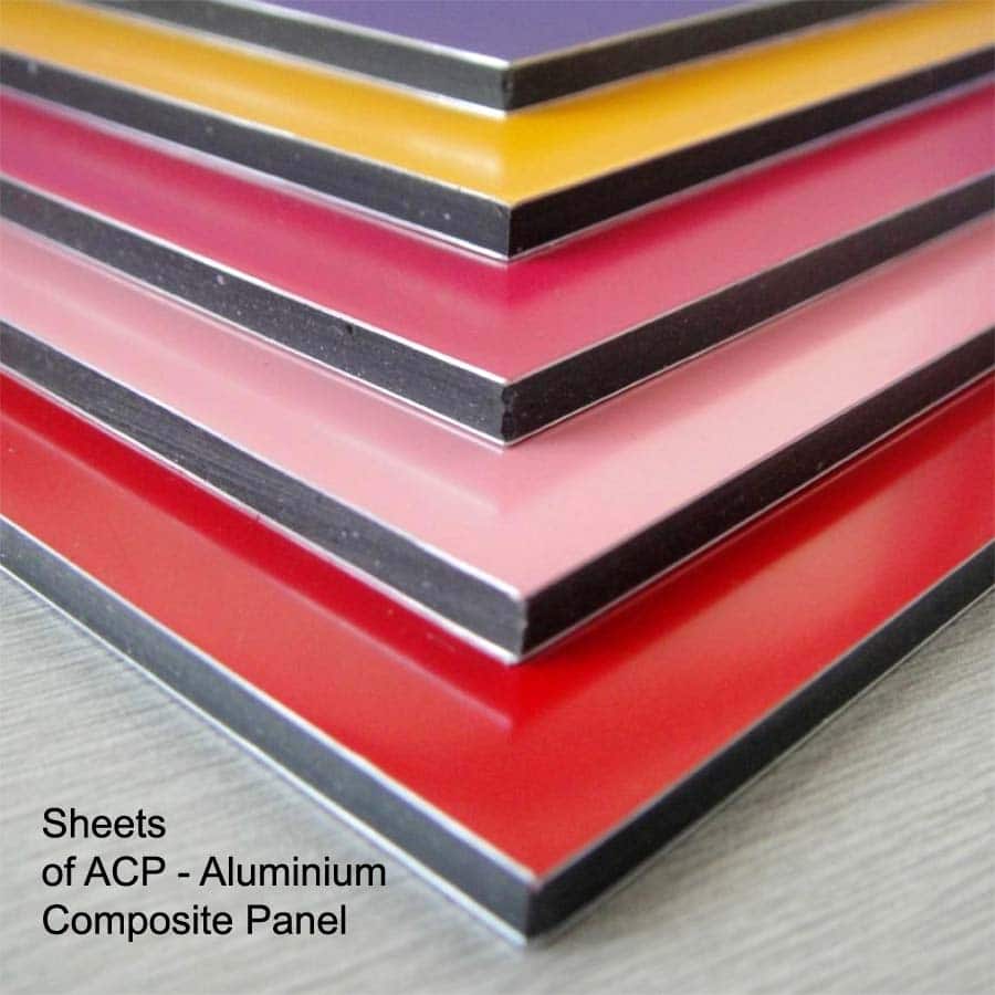 Stacks of ACP Aluminum composite panel sheets placed one on top of another each sheet having different colors