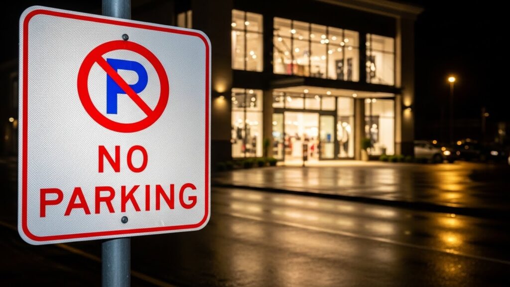 A 'No Parking' sign board printed on a reflective vinyl that shines at night. The board is installed on the sides of a road in front of the entrance of a retail store