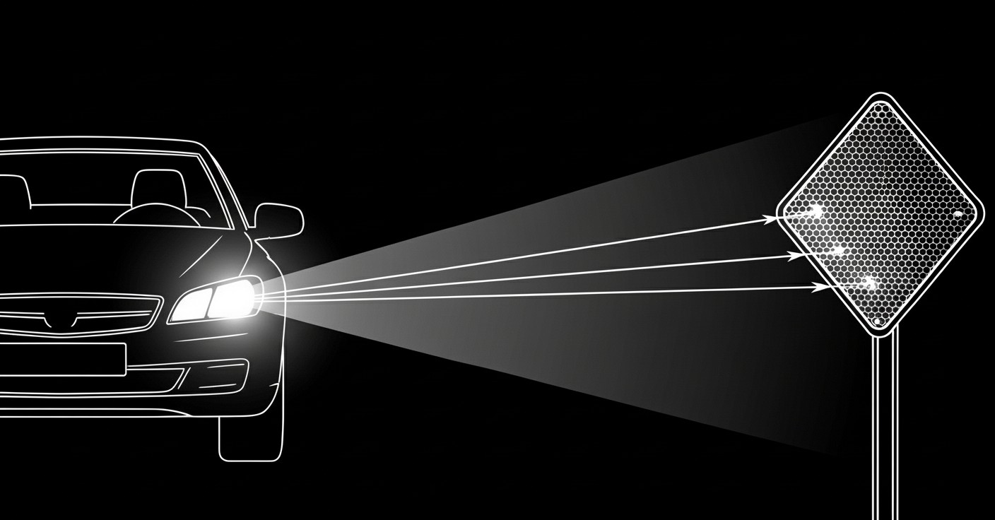 A diagram that shows how prismatic reflective vinyl acts as a mirror to throwback the light that falls upon it from the headlines of an approaching car
