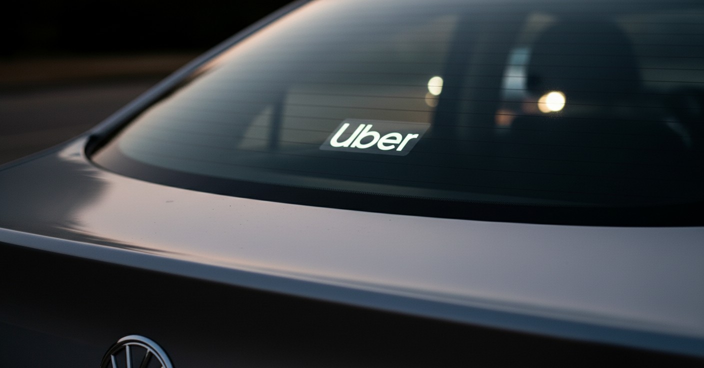 A night reflective sticker pasted on the rear windscreen of a black premium Uber cab showing the logo of Uber company