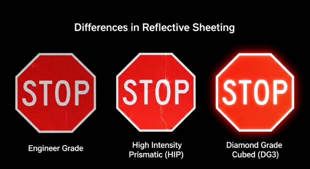 An image showing the difference in the reflection strength of three different types of reflective vinyl engineer grade High Intensity Prismatic film and Diamond grade film