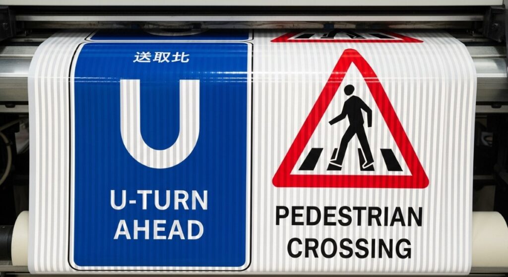 Images of safety signs and direction boards being reproduced on a role of prismatic reflective vinyl by a wide format inkjet printing machine