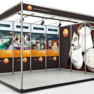 Exhibition posters for Testo company printed on a grey back media and pasted on the panels of a trade show booth. the prints are fully covering the sections in the octonorm stall