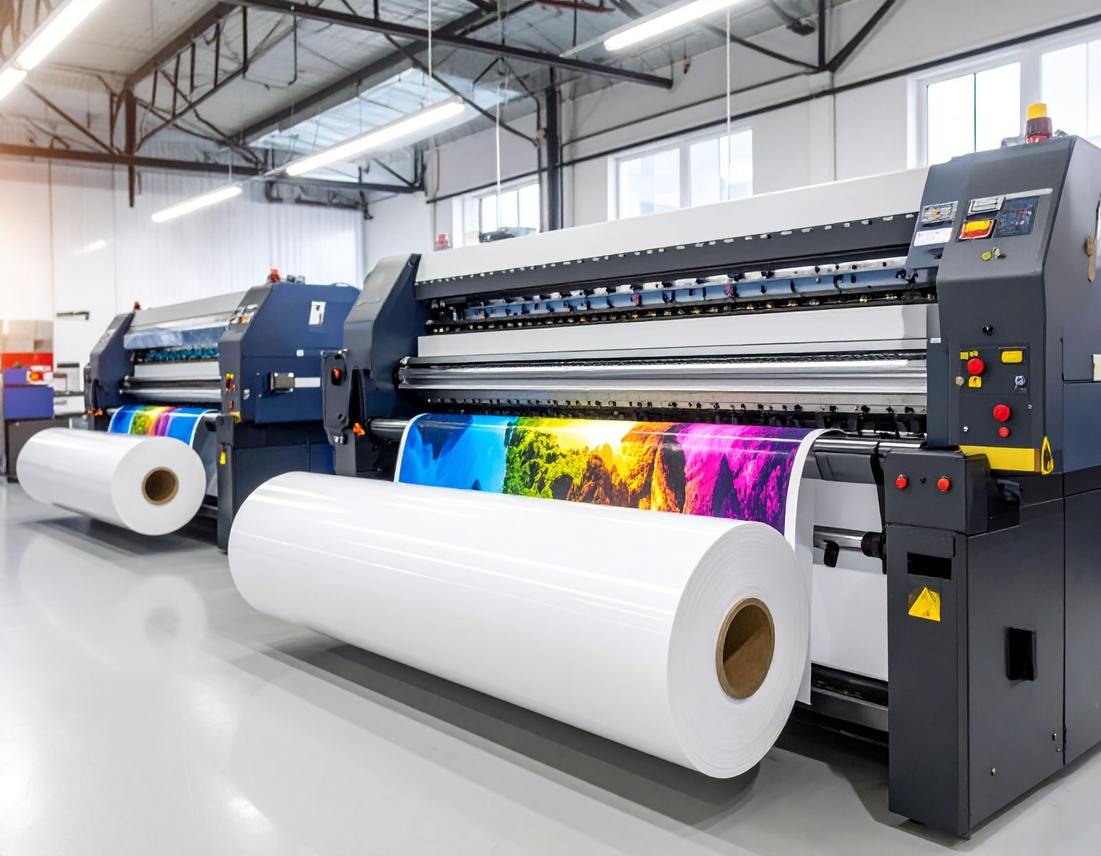 A blank roll of white vinyl loaded on a wide format inkjet printer