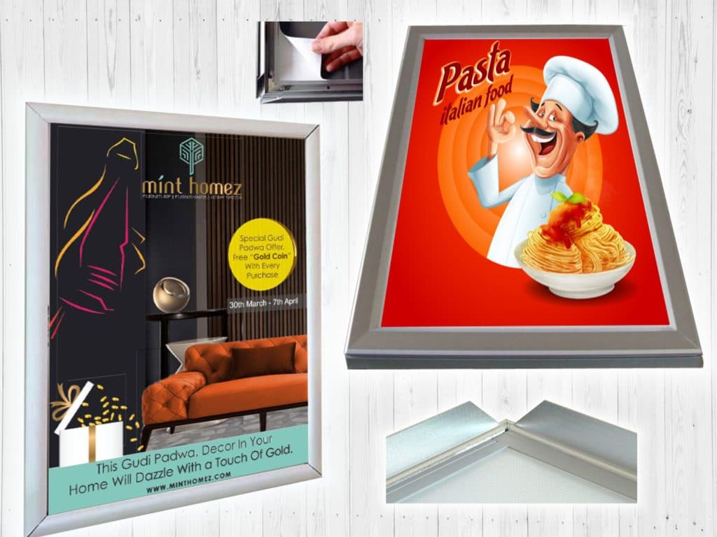a clip on frame can be easily operated by simply snapping open the side profiles pulling out the old poster putting in the new one and closing edges