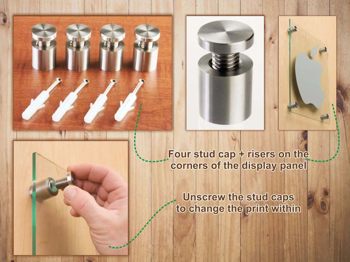 Mirror stud caps + risers are used to increase the distance between the board and the wall.