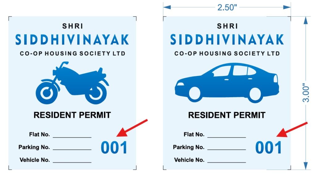 two pesonalised designs of parking sticker permits for cars and two wheelers for the siddhivinayak society along with serial numbers