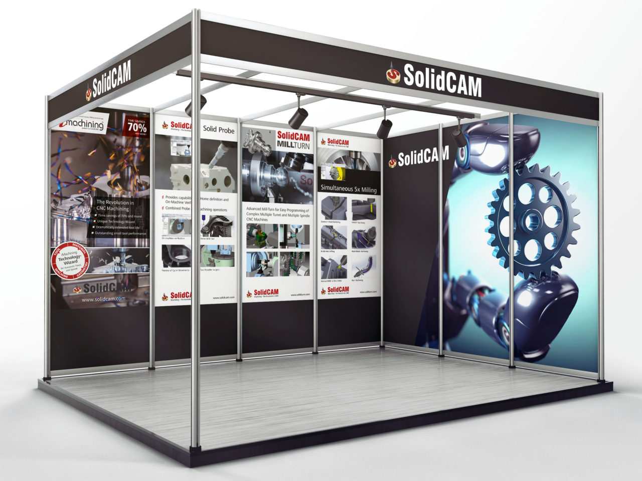 High quality photo prints printed on specialized exhibition poster material pasted on the panels in a trade fair booth to completely cover the sections of the octonorm stall