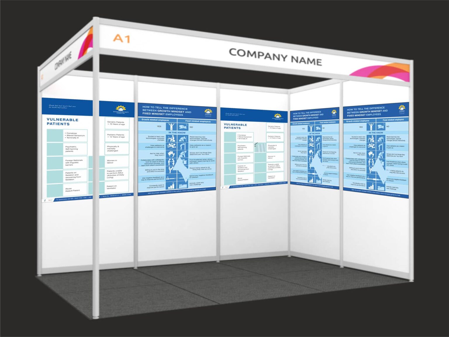 Job render of the Jehangir Hospital exhibition posters pasted on panels for presentation