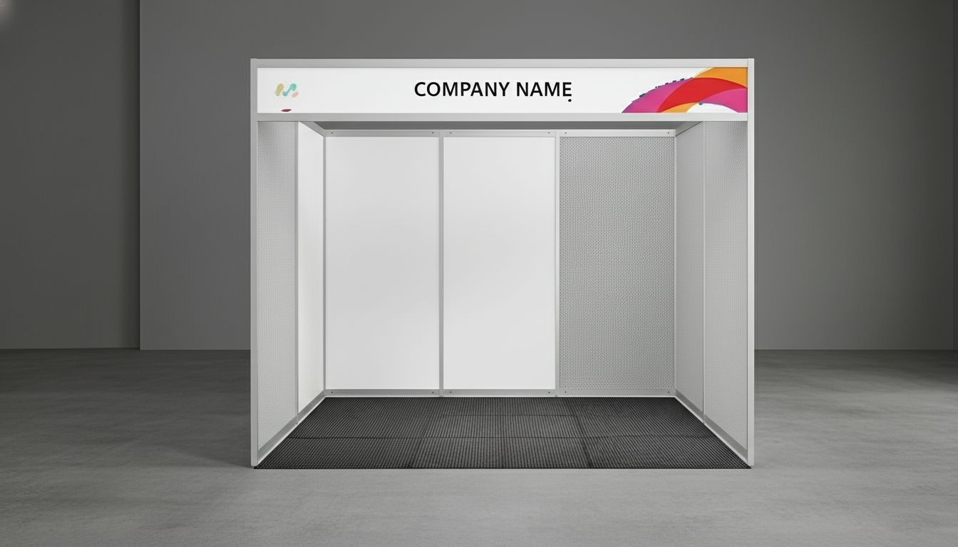 Out of a 2 meter by 3 meter octonorm stall with two panels on the left and right walls and three panels on the back wall with the front side open