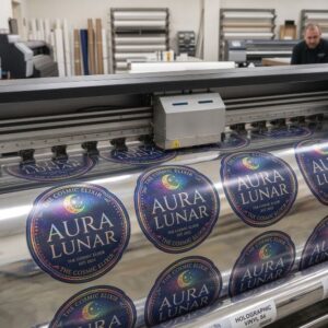 a silver metallic vinyl roll with a shiny finsh being printed with sticker artworks on a wide format inkjet printer
