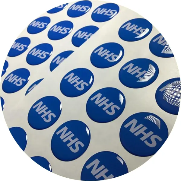 blue circular domed labels having a raised effect make for premium quality logo stickers