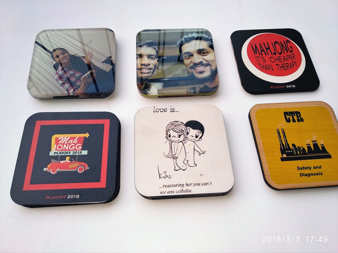 coasters having company logo printed on them