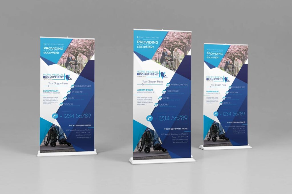 Photo of three pop up standees showing the services provided by a hospital. these standees are made of a printed banner held up by a metal frame