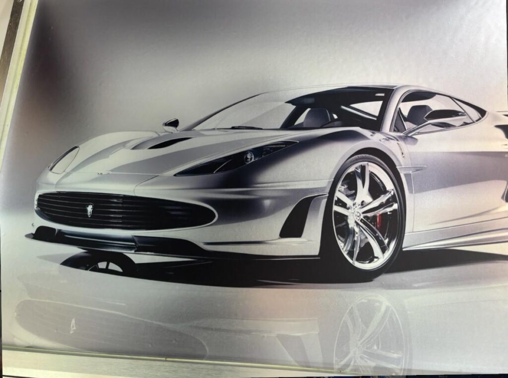 Silver sports car printed on metallic vinyl