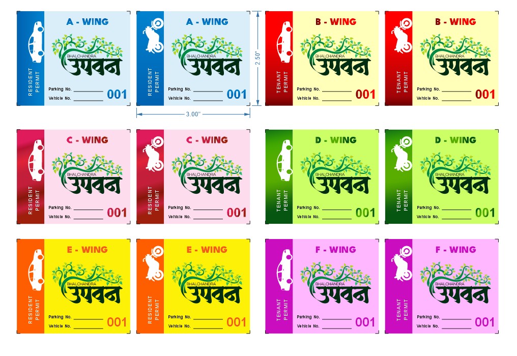 parking-sticker-designs-with-different color codes for different wings in a housing complex