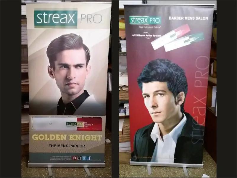 Two collapsible banner stands placed next to each other with extremely high quality print on the same