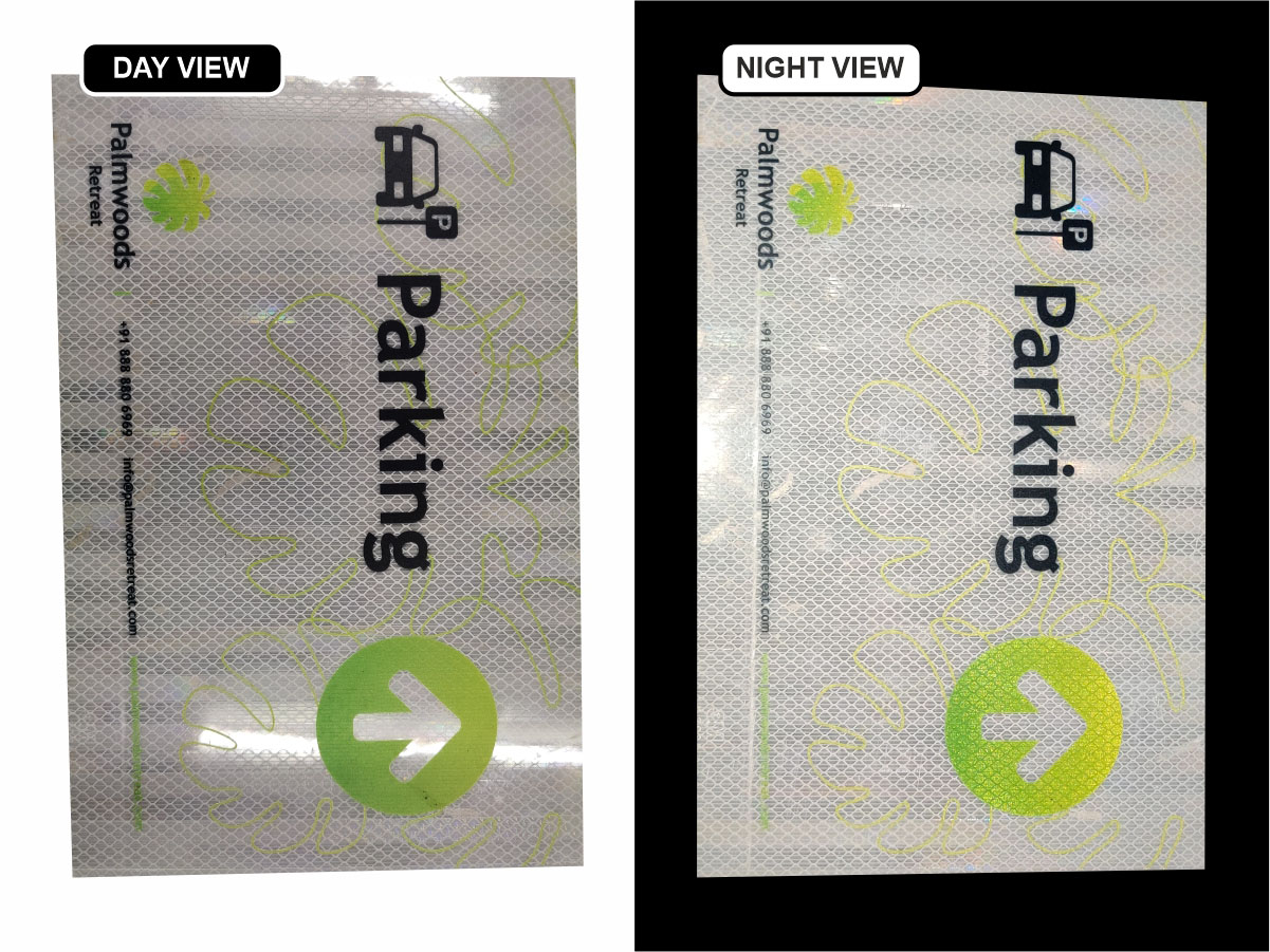 Day view vs night view of reflective stickers wherein the print looks like an ordinary board during the day but shines with reflected light at night