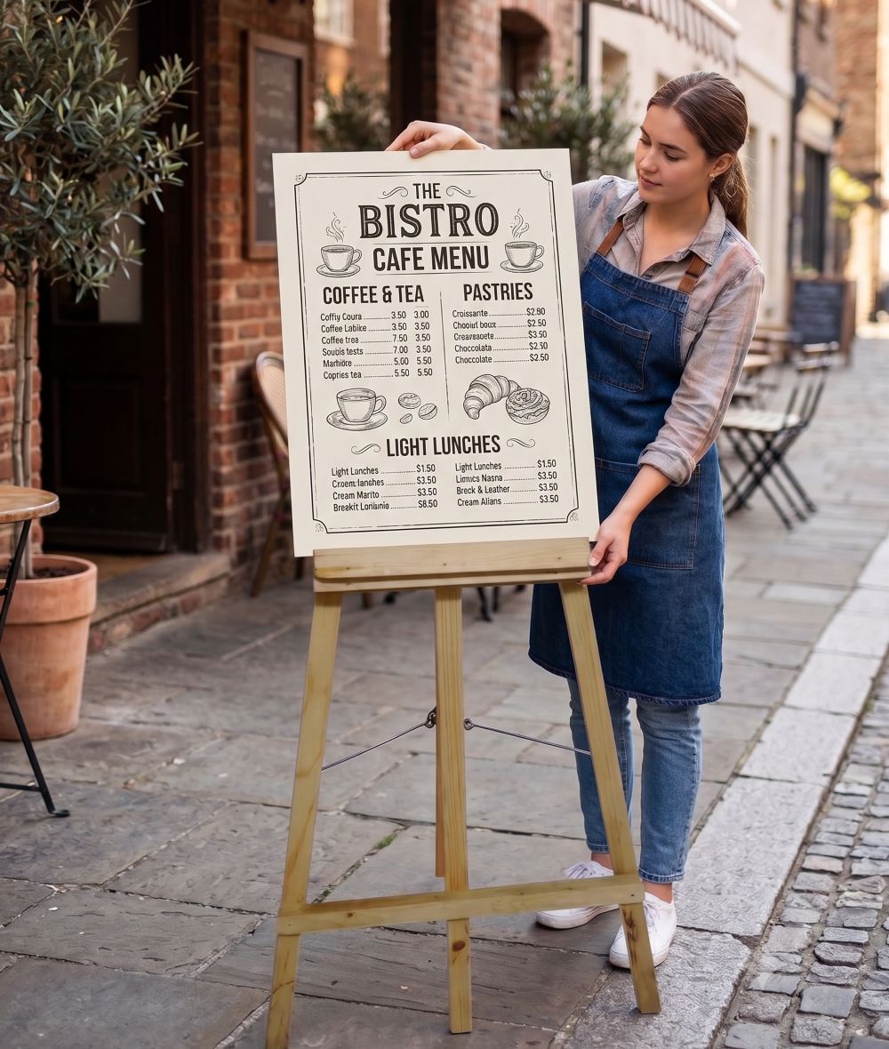 The printed poster on top of a wooden easel stand can be easily placed to make your communication clearly visible