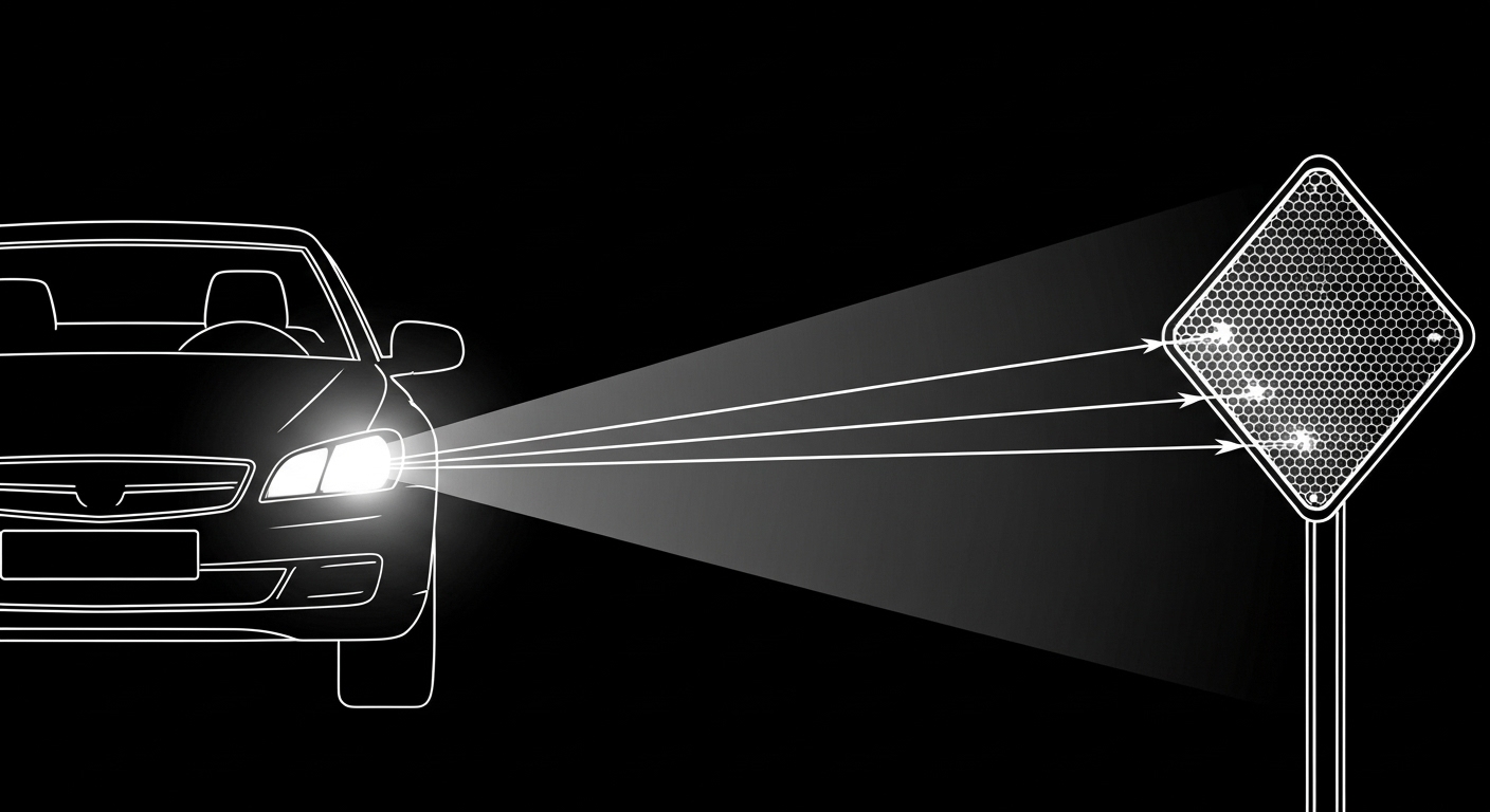 A diagram of a car headlight falling on a prismatic reflective direction board sign installed on air road