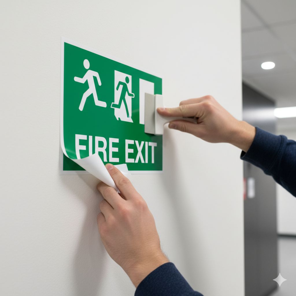 A flexible glow in the dark sticker print with an adhesive back being pasted on a wall. this is a safety sticker that shows a fire exit sign and will glow in darkness.
