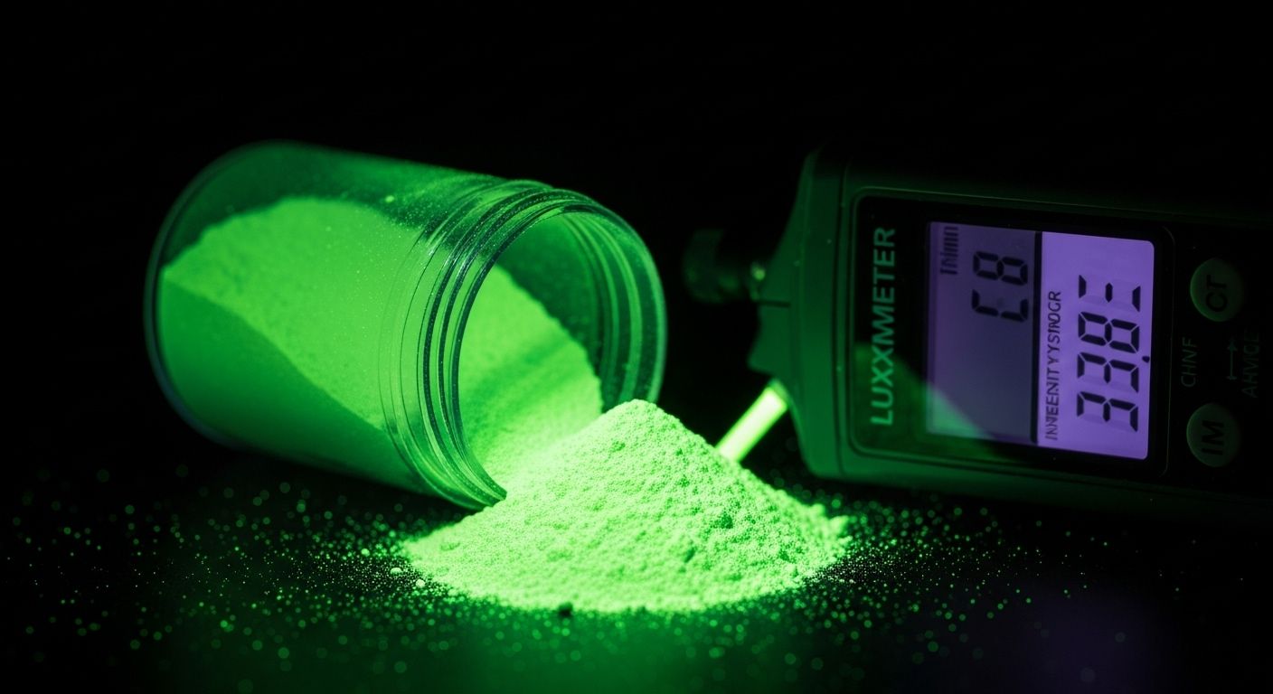 A lux meter measuring the brightness of the glow emitted by phosphorescent powder that is glowing in the dark