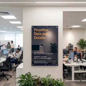 Premium Acrylic Sandwich Frame mounted on an office wall for modern branding and corporate signage