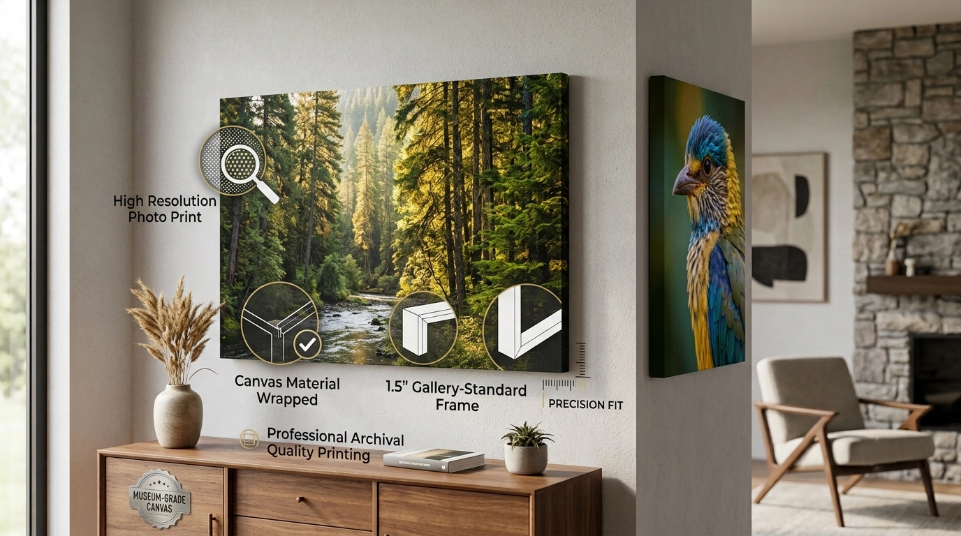High Resolution Photo Prints on Canvas Material Wrapped Around a Gallery Frame