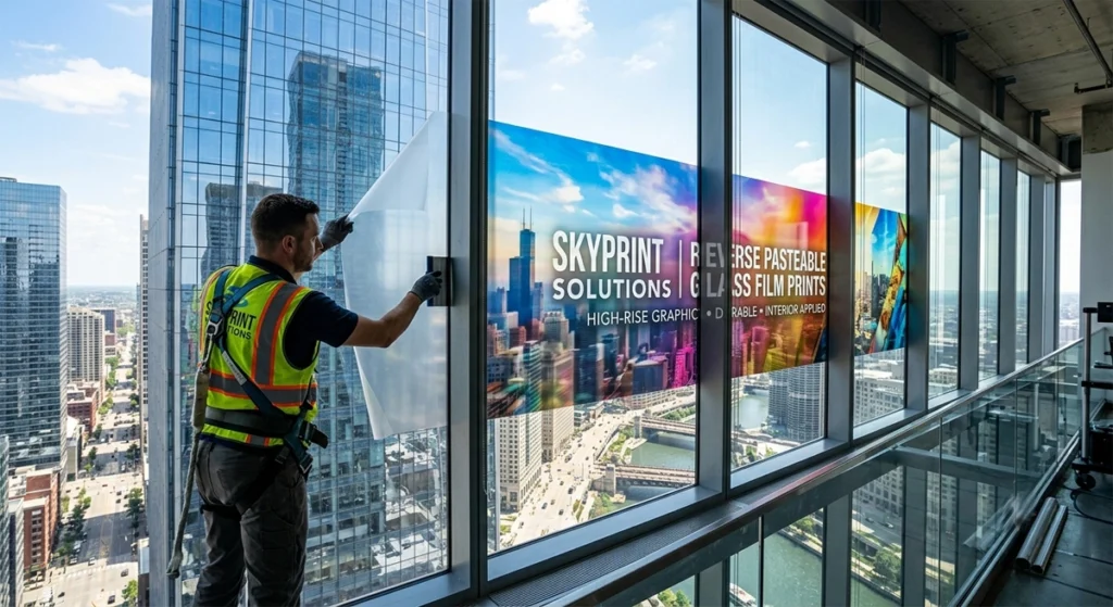 A male professional installer from Orchid Digitals applying a large, colorful reverse-pasteable glass film print onto an interior window pane of a high-rise building office, with a detailed city skyline view through the window. The film clearly displays the "Orchid Digitals" branding and the product name.