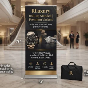 Orchid Digitals RLuxury 78" x 33" Premium Roll-Up Standee in luxury hotel lobby.