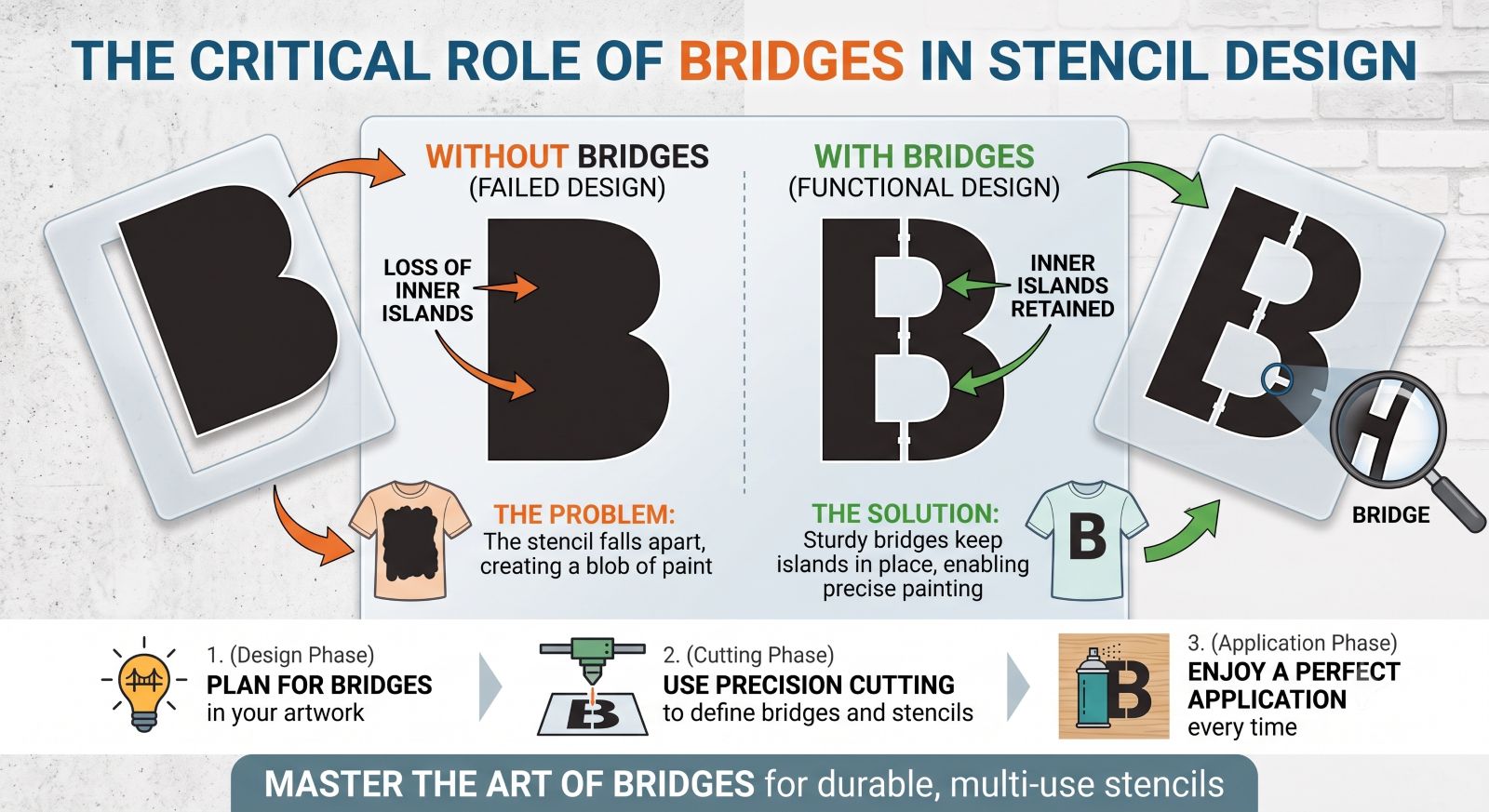 Diagram showing bridges and islands in stencil artwork for letters like O, D, R, P, Q, B
