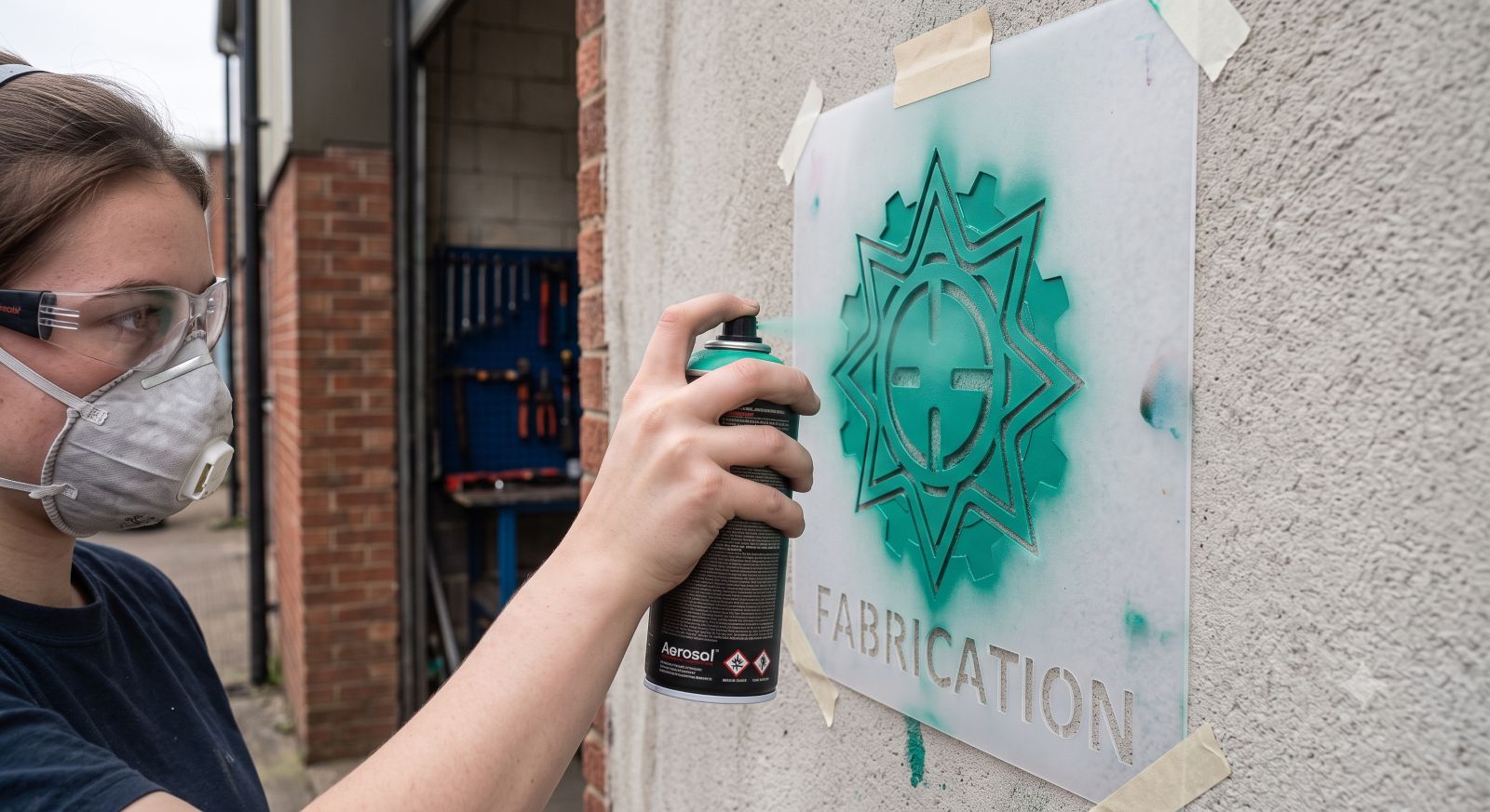 A lady holding a laser cut stencil against a wall and spray painting over it