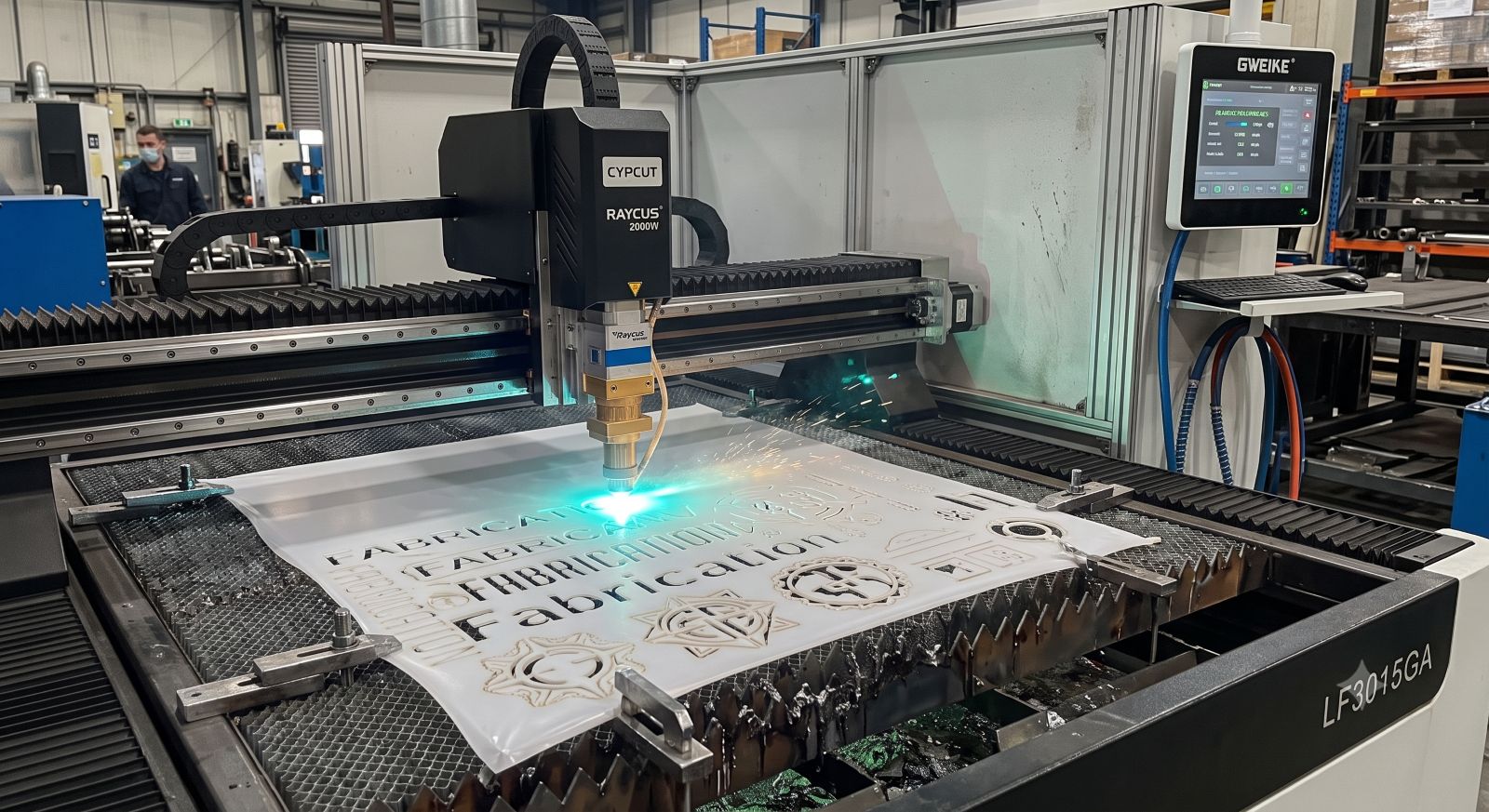 Laser cutting machine cutting designs into a plastic sheet for a stencil