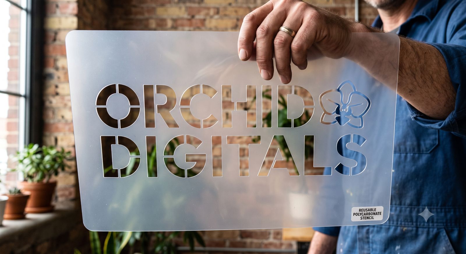 Laser-cut stencil with logo and letters cut into polycarbonate sheet