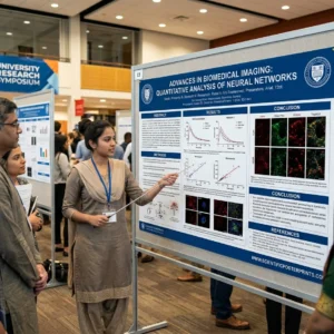 A detailed, professionally printed research poster for the University Research Symposium by Orchid Digitals, displaying a comprehensive study on the "Advances in Biomedical Imaging: Quantitative Analysis of Neural Networks, attracting interest from diverse attendees.