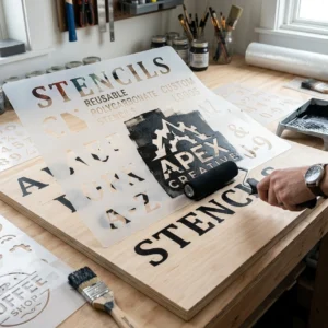 Custom reusable polycarbonate stencils for painting logos and letters by Orchid Digitals, shown with a person rolling black paint onto wood in a workspace.