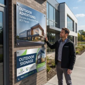 A high resolution print on a aluminum composite panel Fixed outside a building entrance ACP prints are weatherproof and outdoor grade