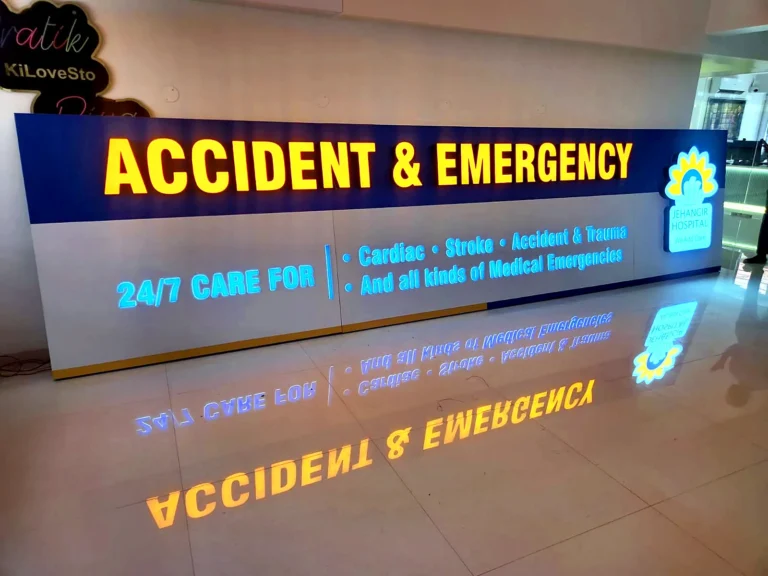 Accident and Emergency 3D LED acrylic board for a hospital, lit on the workshop floor