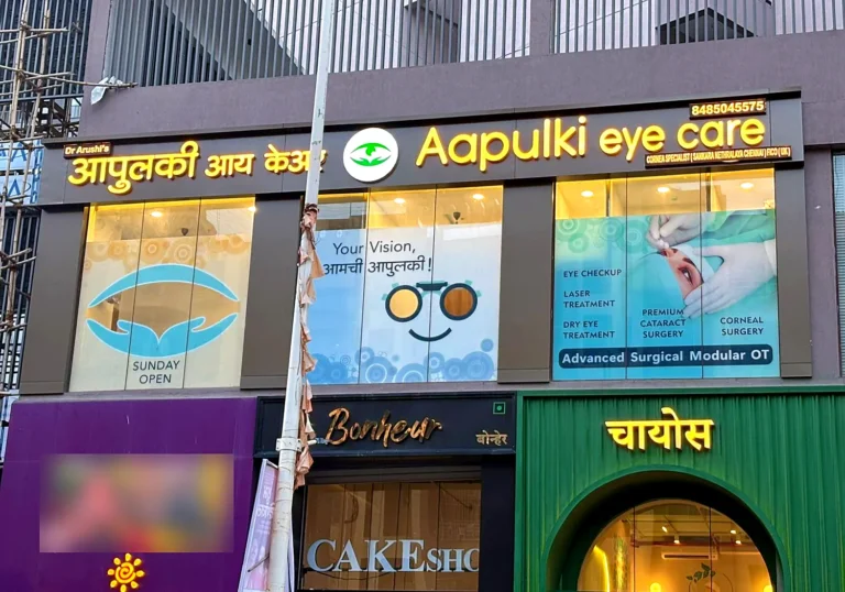 Three glass panels branded with printed films above shops for Aapulki Eye Care: an eye panel and two frosted panels