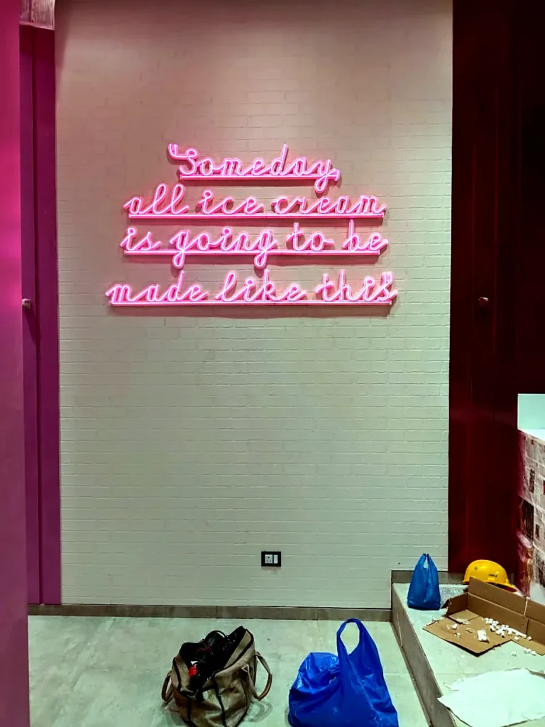 Pink LED neon quote, Someday all ice cream is going to be made like this, on the café wall