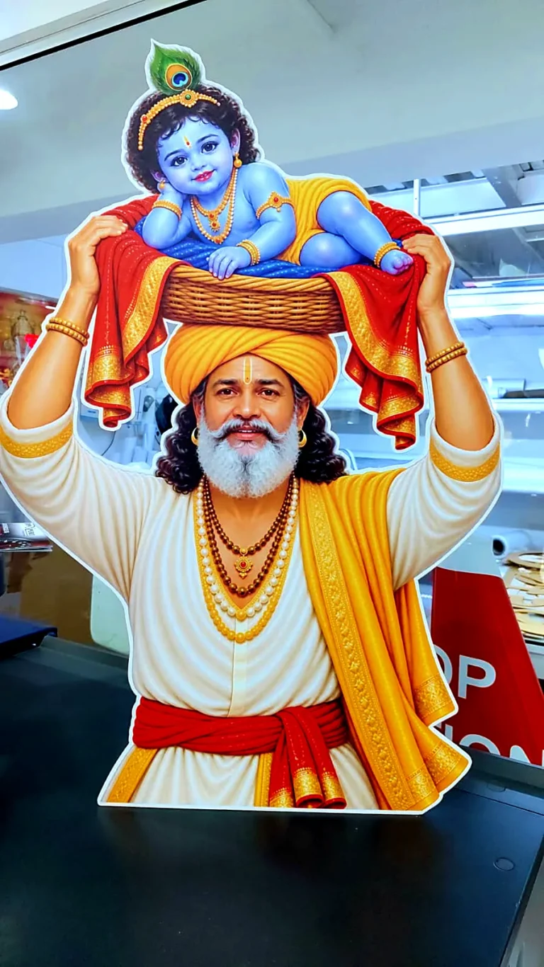 Shape-cut standee of Vasudev carrying baby Krishna in a basket, printed in full colour