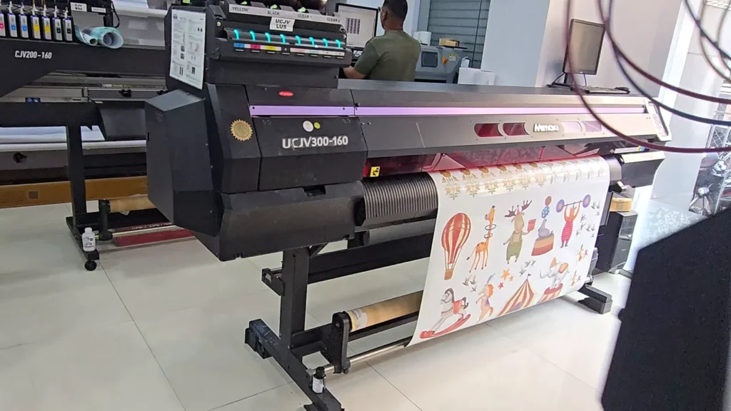 Mimaki UCJV300 UV printer printing a children's wallpaper