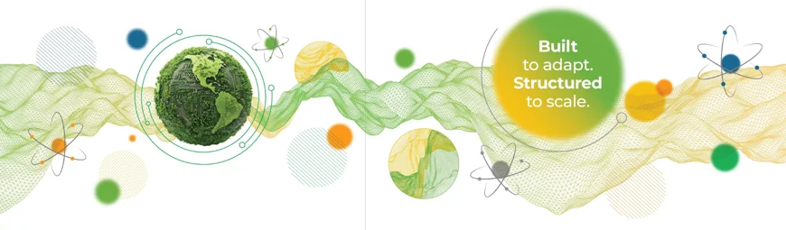 Artwork for the lounge L-shaped wall: green and yellow wire-mesh wave, globe and the line Built to adapt, Structured to scale