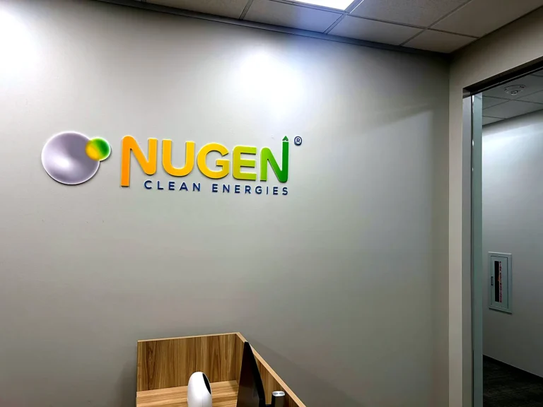 The NUGEN Clean Energies acrylic logo on the reception wall