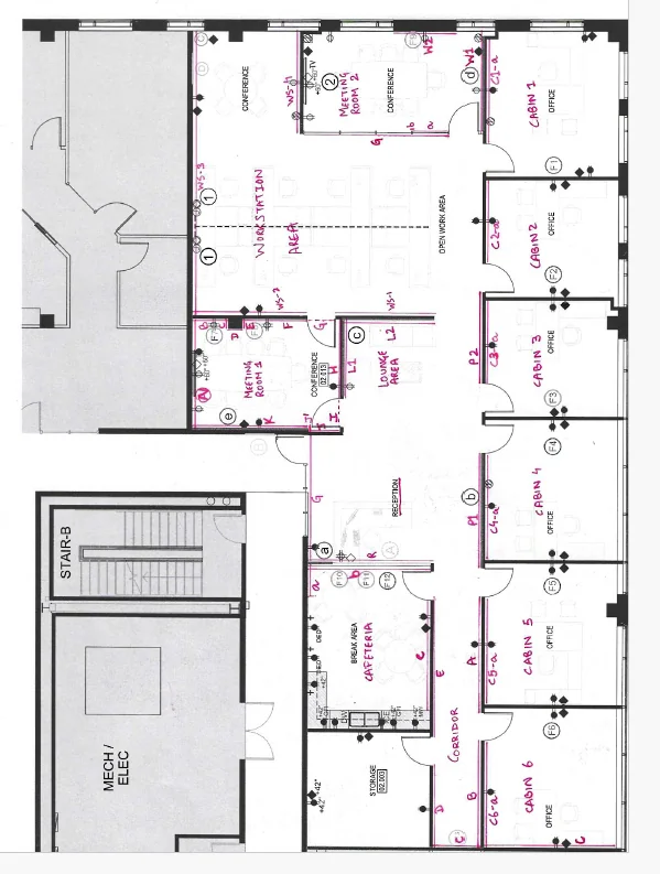 The client floor plan with every wall marked by hand with its legend, so each line of the sheet can be found on the plan