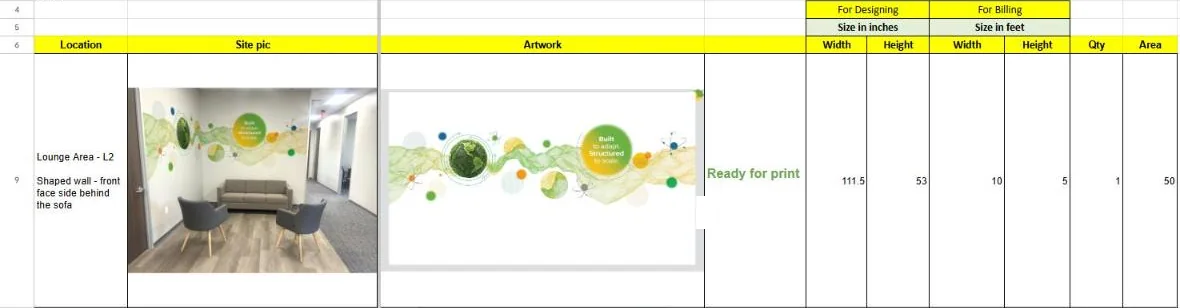 One line of the Nugen proposal sheet: the lounge wall with the client photo mock-up, the artwork, Ready for print, the size in inches for designing and in feet for billing, and the area